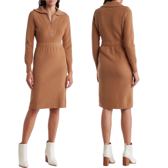 Stitchdrop Dresses & Skirts - STITCHDROP Flex Long Sleeves Sweater Dress Half Zip in Tan Size Medium NWT